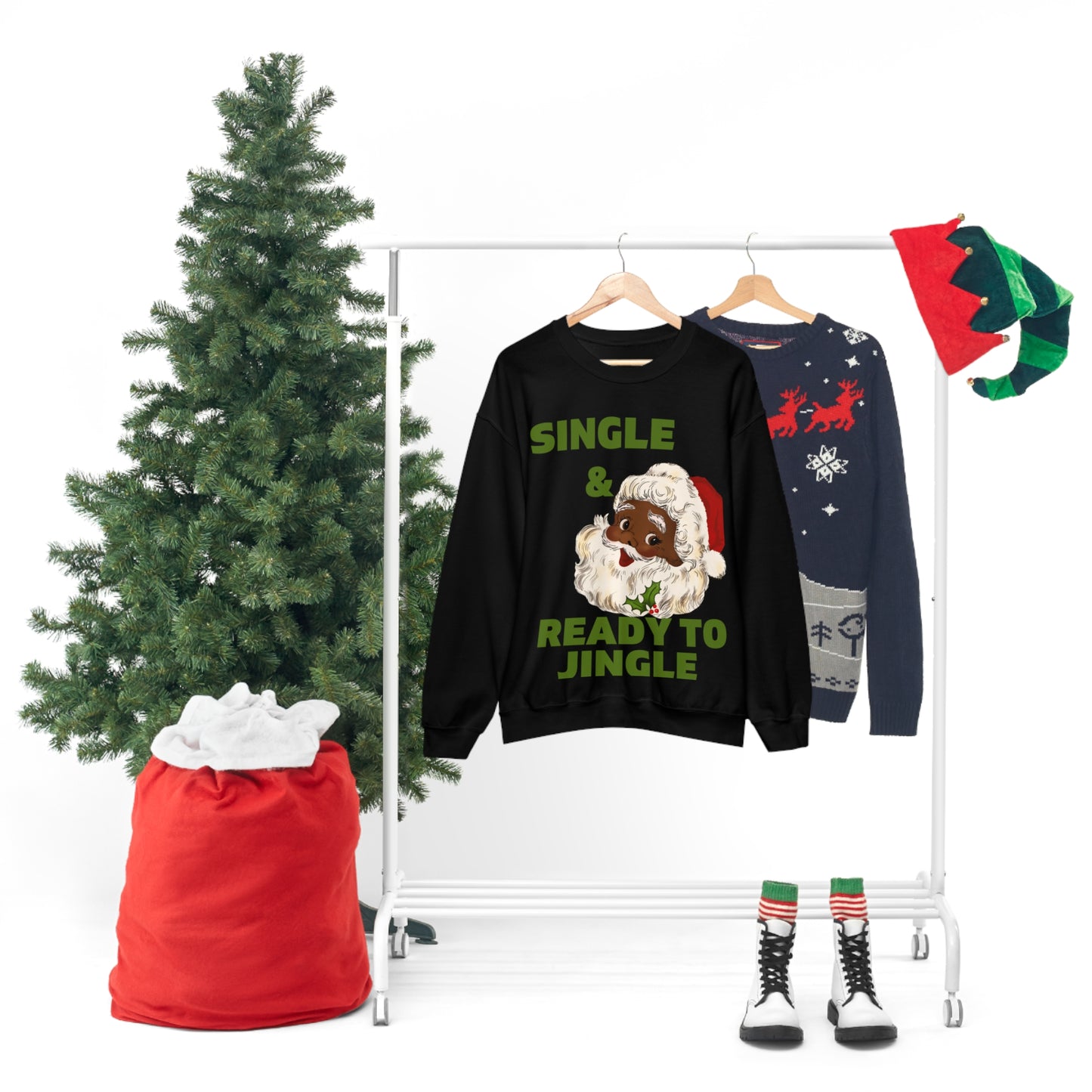 Single and Ready To Jingle Cute Black Santa Unisex Crewneck Sweatshirt