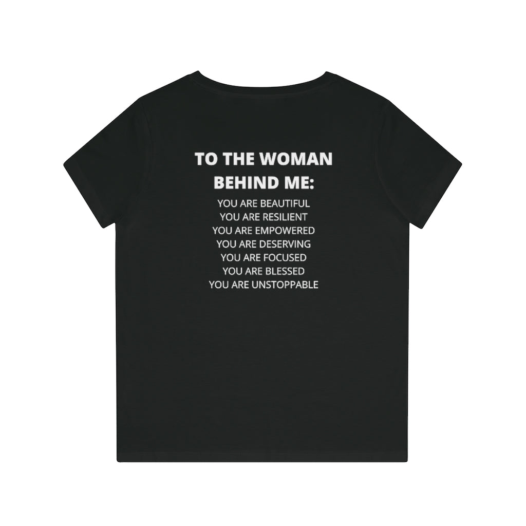 To The Woman Behind Me Black V-Neck T-Shirt